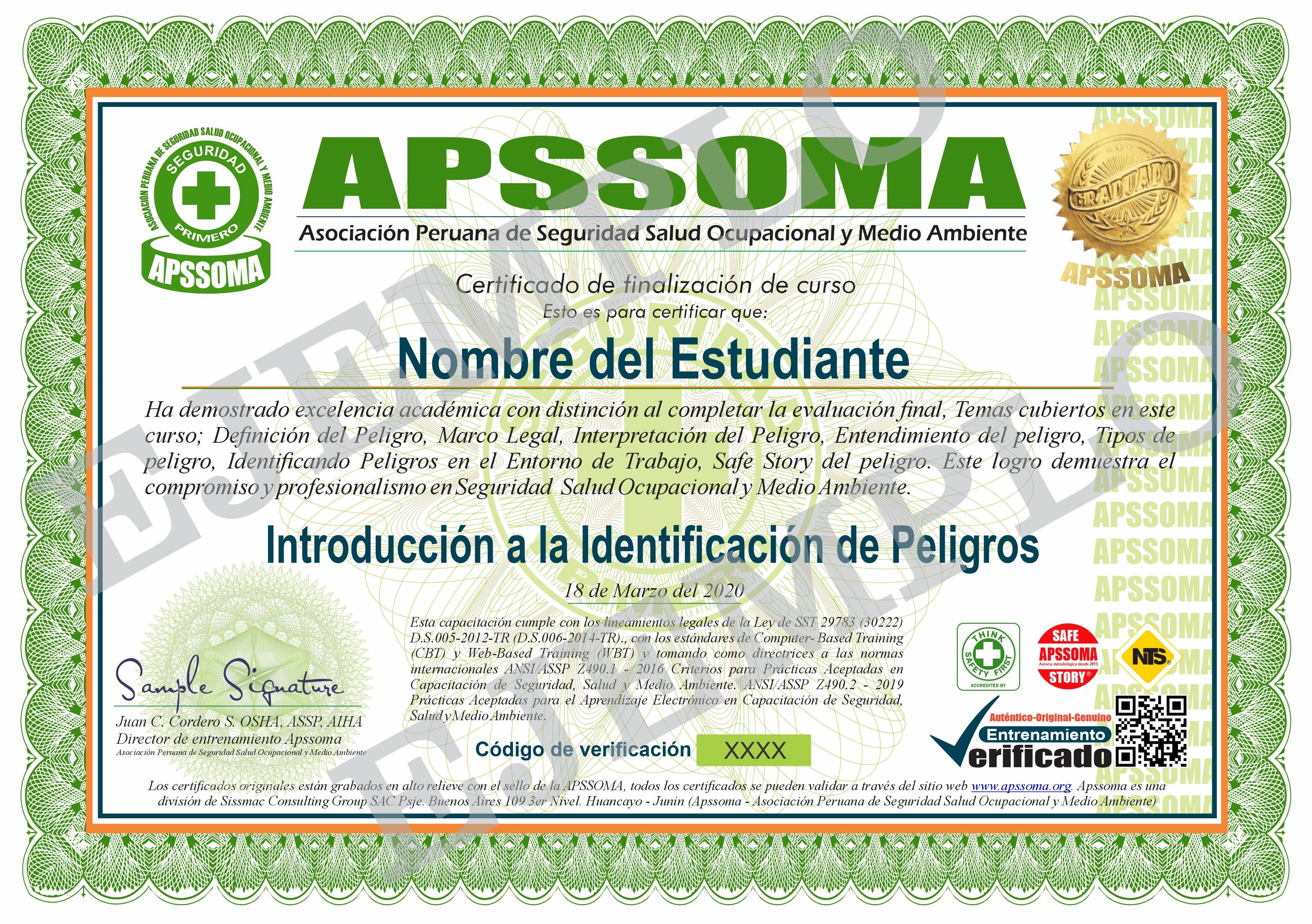 Muestra de Certificado | APSSOMA Perú