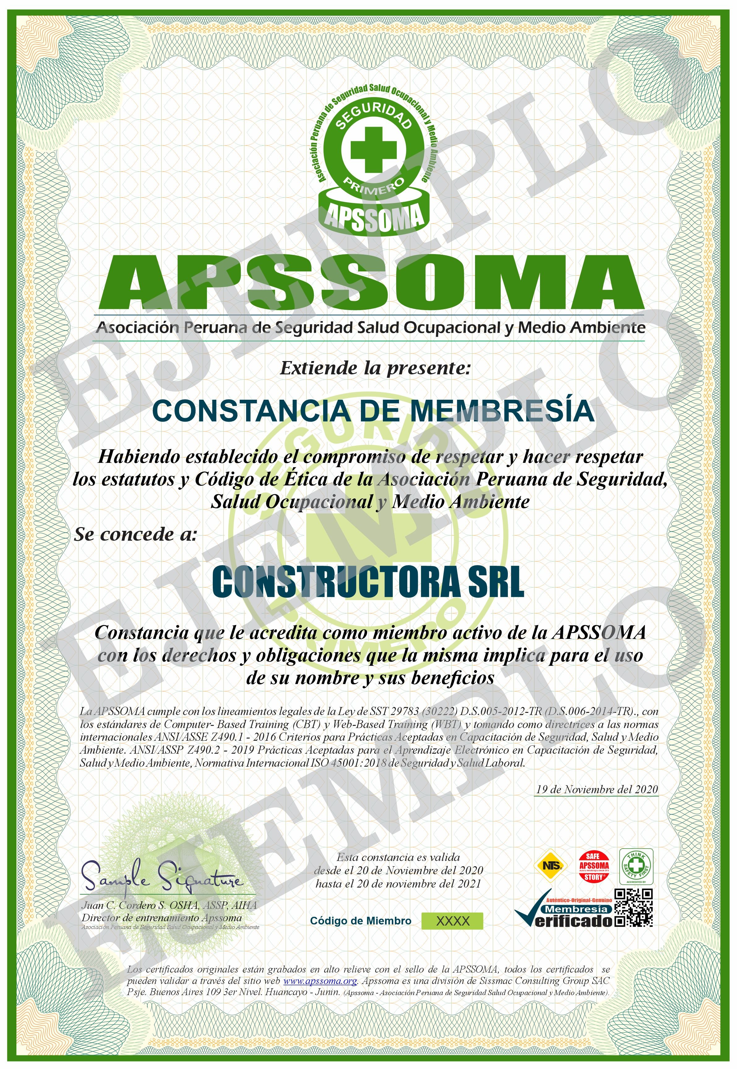 Constancia de Membresía | APSSOMA - N° 1 en Prevención de Riesgos Laborales